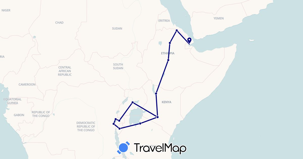 TravelMap itinerary: driving in Burundi, Democratic Republic of the Congo, Djibouti, Ethiopia, Kenya, Rwanda, Tanzania, Uganda (Africa)